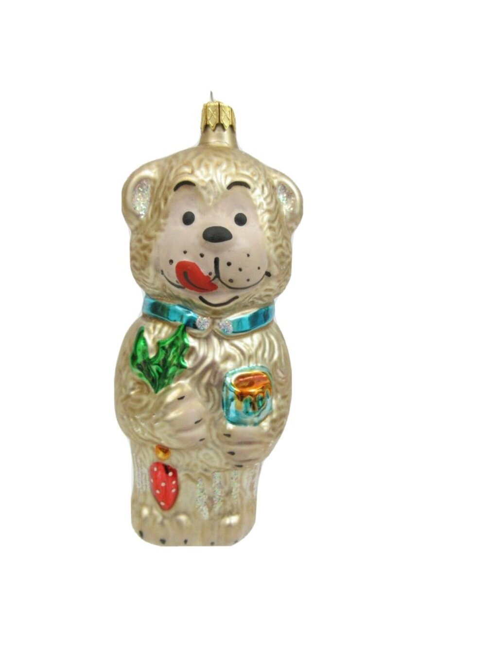 Vintage Bear Christmas Ornament Pot of Honey Holly Glass Marked Columbia